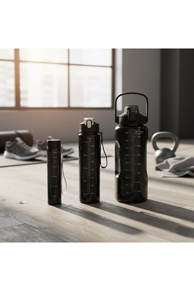 Black, Set of 3 - Flask Set with Stickers and Straws - 2000ml, 900ml, 300ml - 1