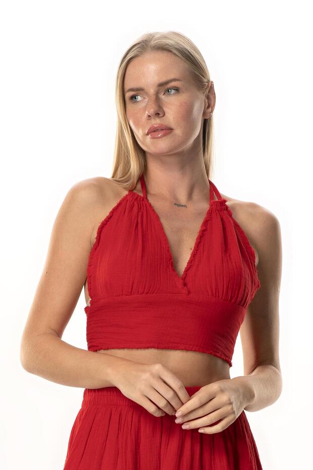 Summer Muslin Bustier with Goose Tie Detail Red Krmz