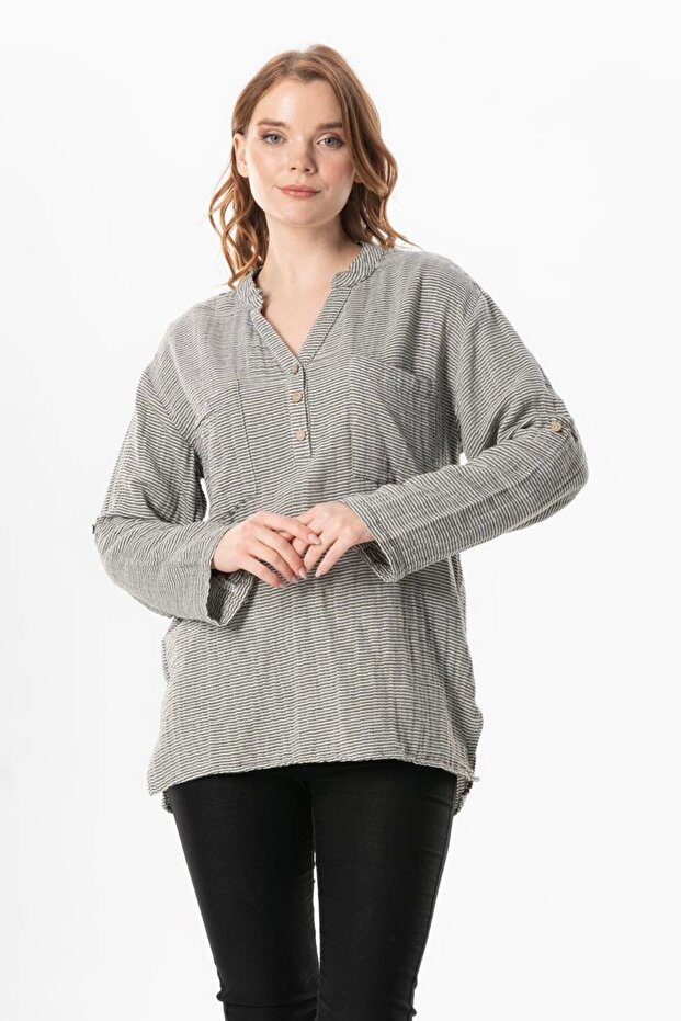 Long Sleeve Asu Summer Muslin Blouse Striped Çzgl