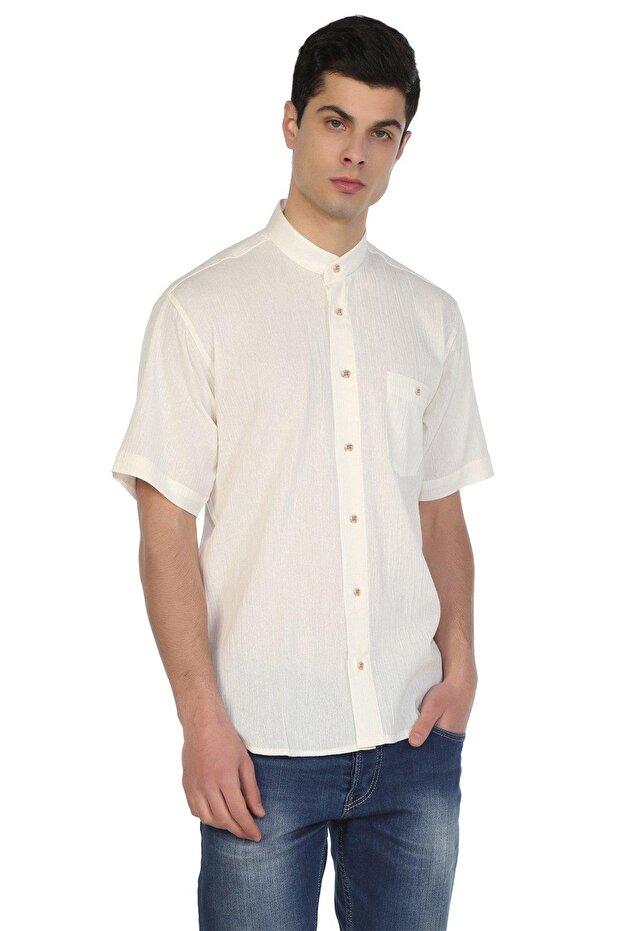 Large Size Short Sleeve Shile Cloth High Collar Men's Shirt Cream 3002