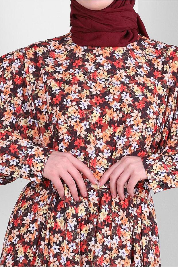ÇİÇEK DESENLİ KUŞAKLI KREP ELBİSE 43658 - 4