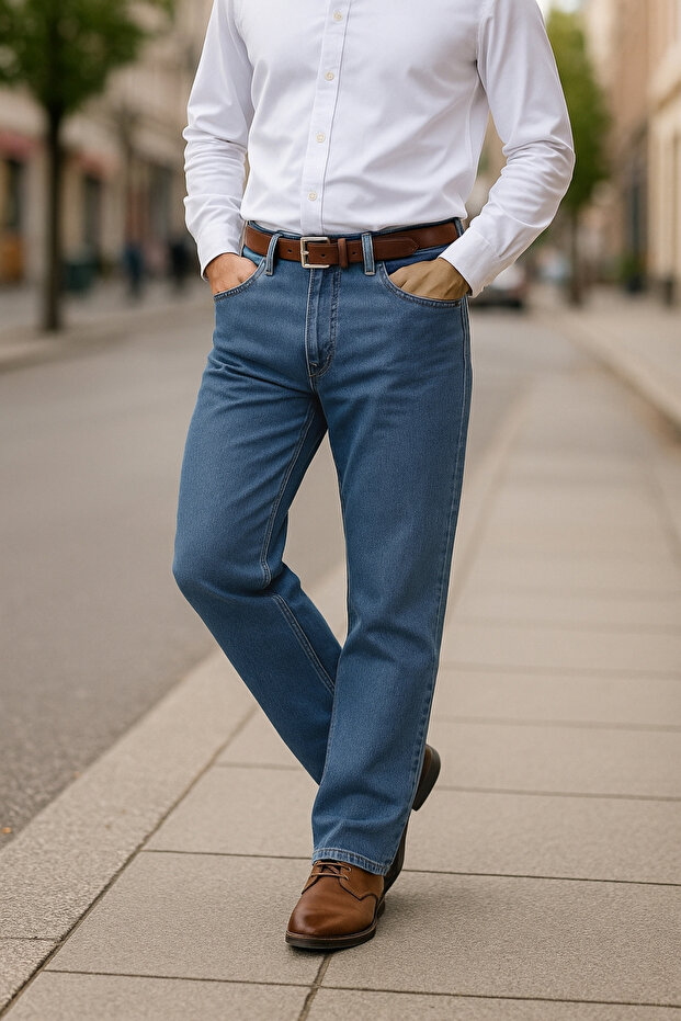 Men's Baggy Fit Jean Marcus Hunter High Waist Straight Cut Flexible Blue Denim Trousers C346