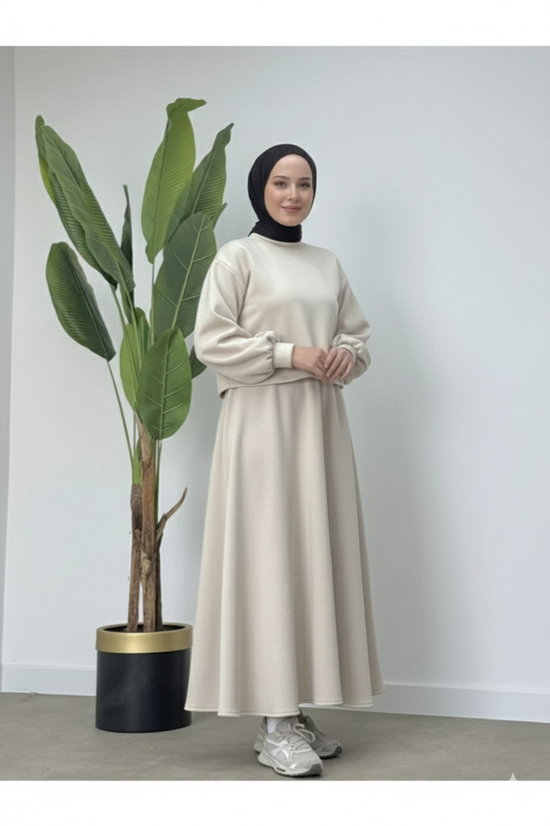 Taş Rengi Kışlık Crop Etek Takım - 4