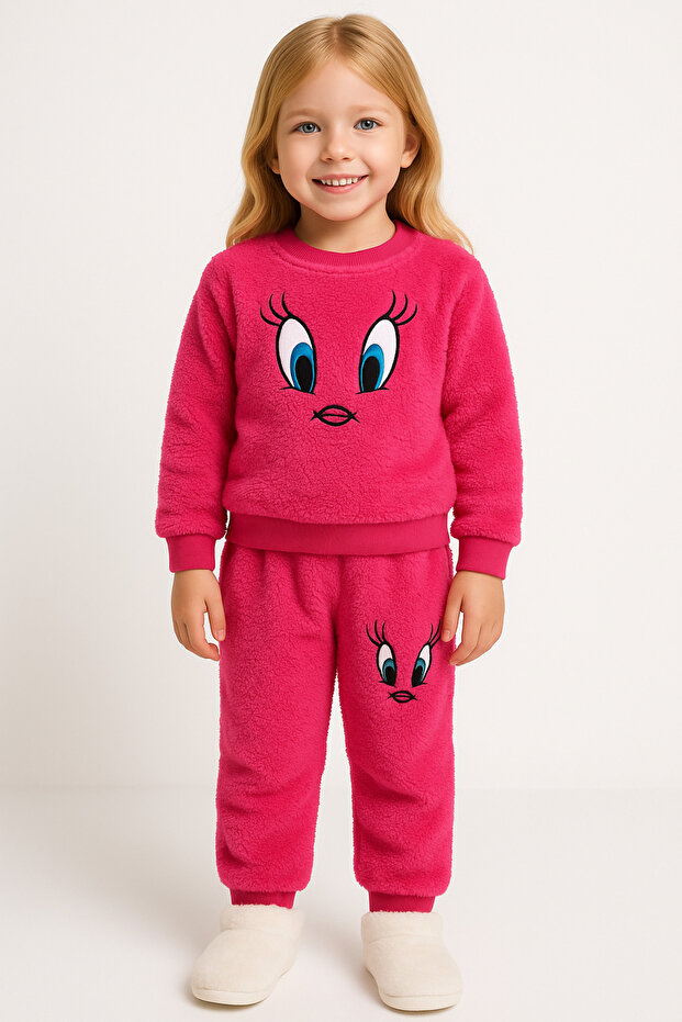 Girl's Set Fleece Winter Plush Civiv Twety Model Top and Bottom Set