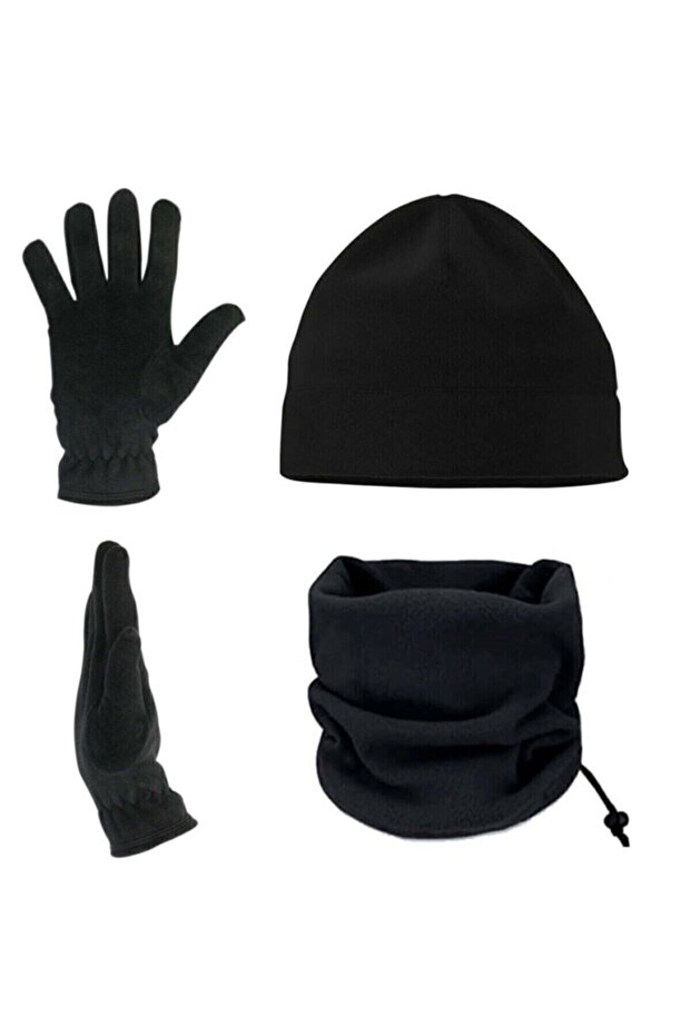 Fleece Neck Collar-gloves-beanie 3-Piece Winter Set Black