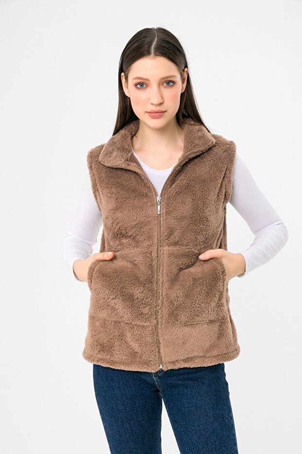 Women's Mink Stand-up Collar Zippered Plush Vest