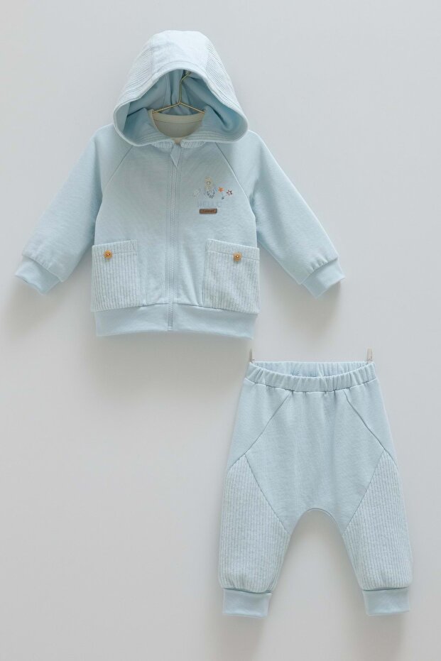 Color World Hooded Zippered Three-Piece Bottom Top Set Blue