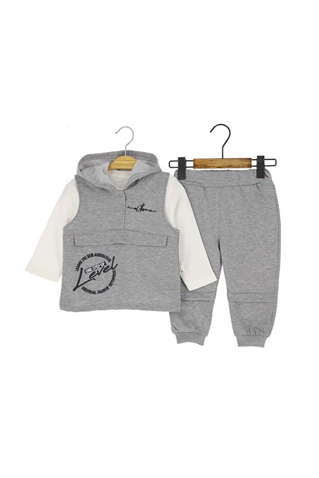 Level Embroidered Hooded Two-Stringed Three-Part Bottom-Up Set Gray - 1