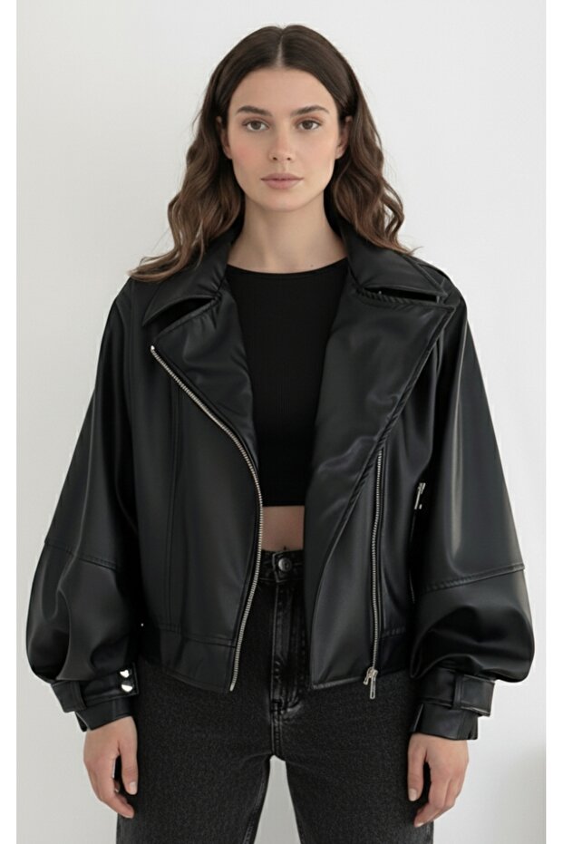 Balon Kol Siyah Deri Ceket - 1