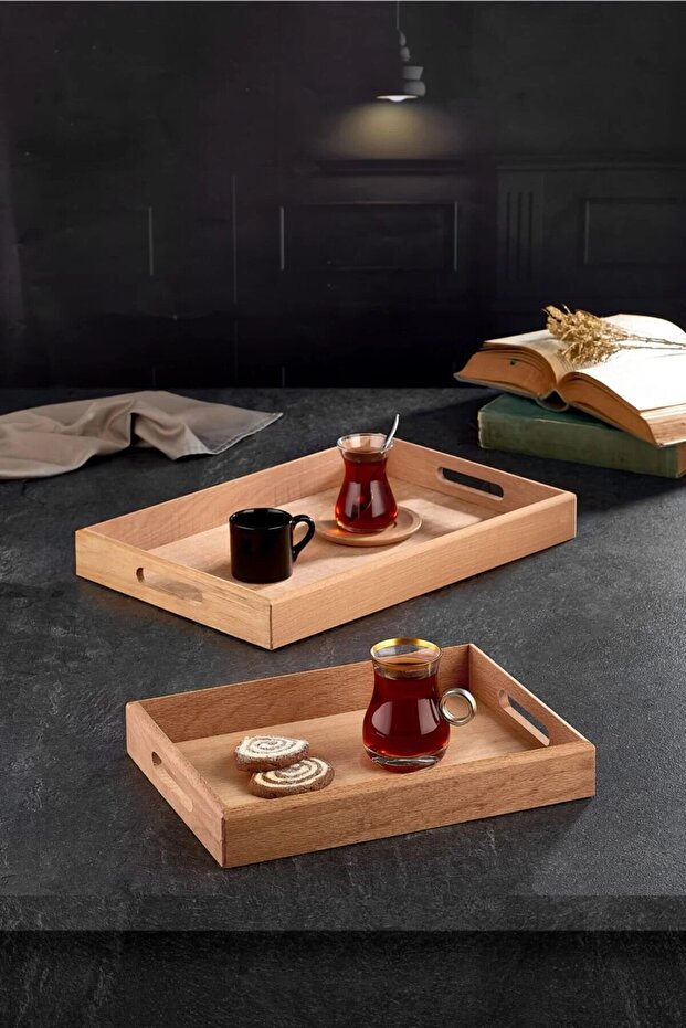 Set of 2 Wooden Presentation Trays – Decorative Organizer, Coffee & Tea Serving Tray Gift