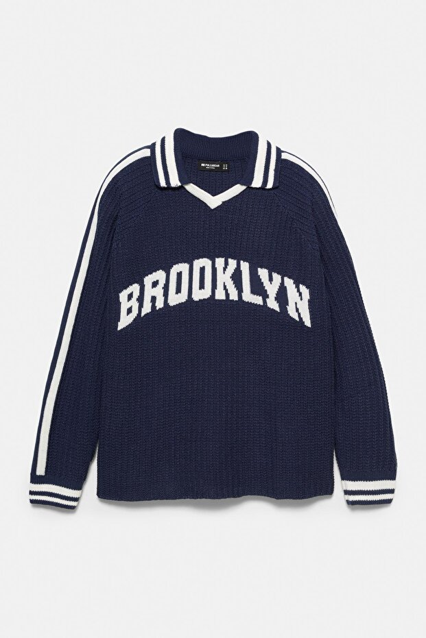 Örme Brooklyn grafik polo kazak - 8