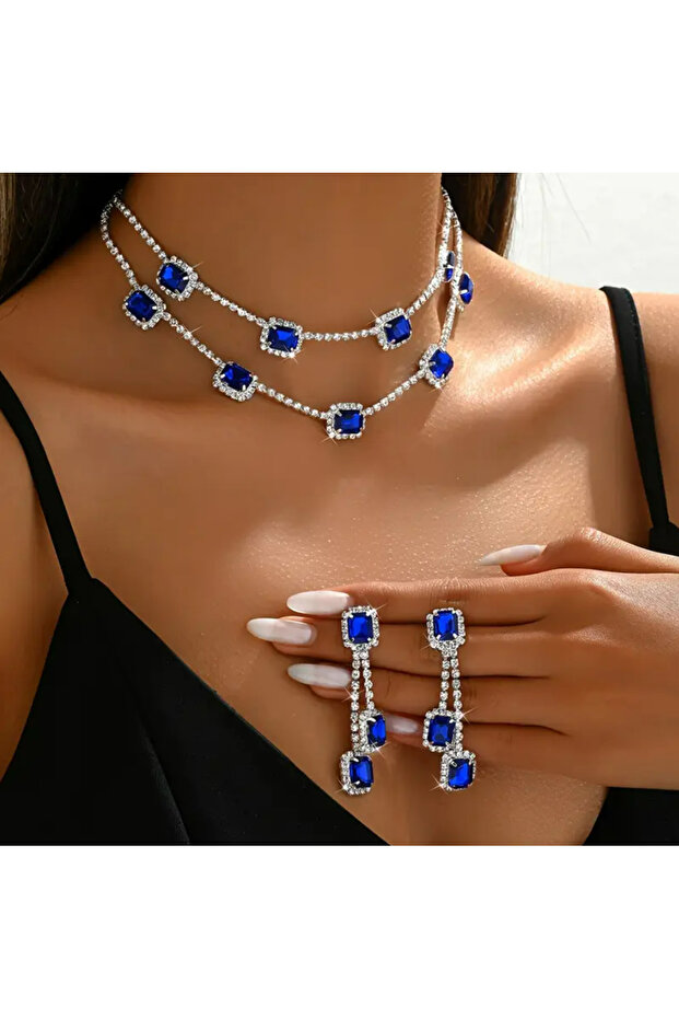 Blue White Zircon Stone Setting Necklace Earrings Evening Dress Set
