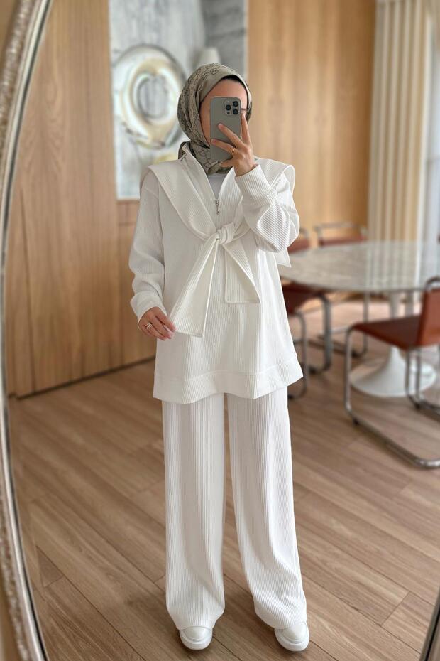 3-Piece Hijab Set with Shoulder Scarf - White