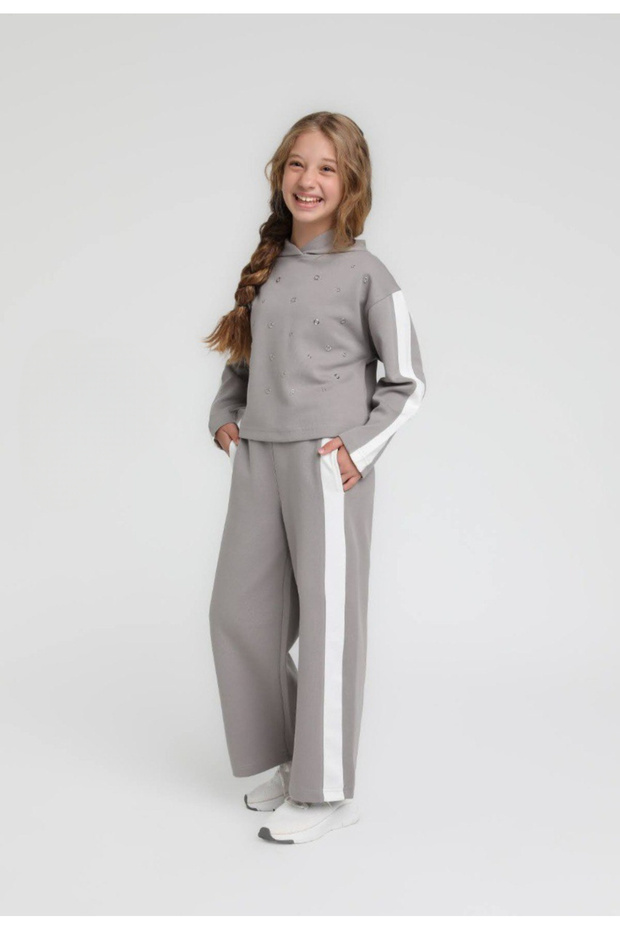 Girl's Hooded Studded Elastic Waist Pocketed Tracksuit Set