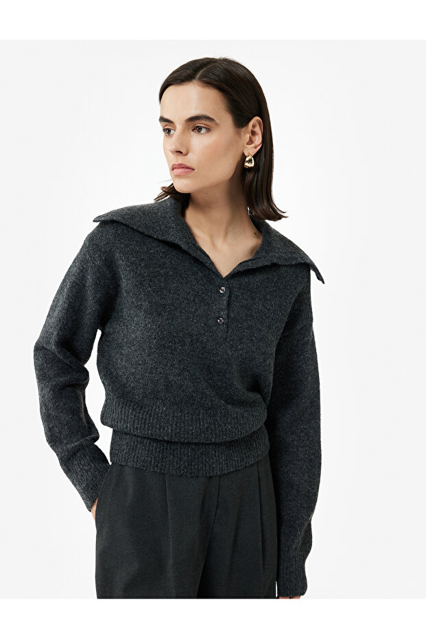 Regular Fit Long Sleeve Half Button Detailed Wide Polo Neck Knitwear Sweater