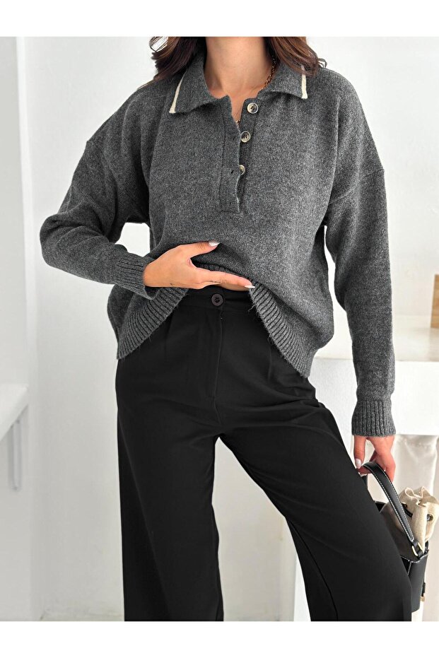 Polo Neck Buttoned Soft Textured Knit Sweater - 6