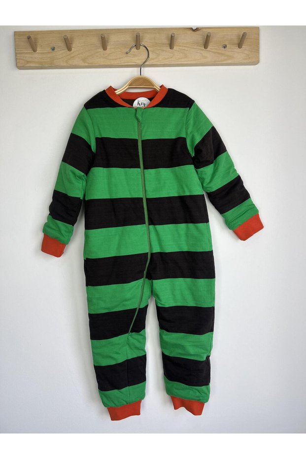 Green Black Thick Striped Orange Cuff Cotton Legged 2.5 Tog Kids Sleeping Bag
