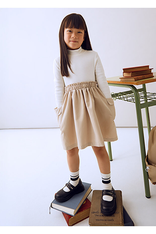 Girl's White-Beige Cargo Pocket Dress 4930