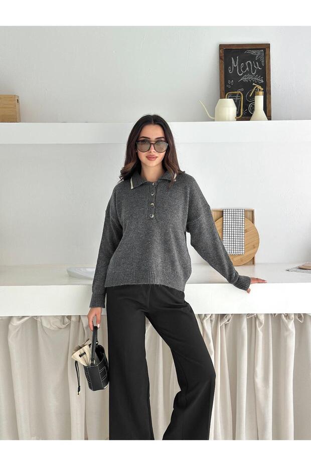 Polo Neck Buttoned Soft Textured Knit Sweater - 1
