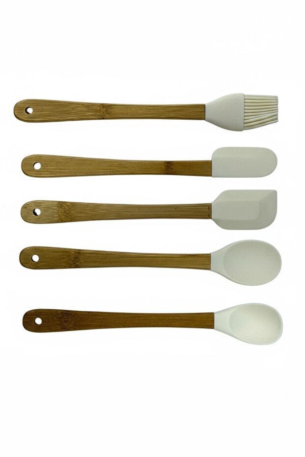 5'Li Silikon Bambu Saplı Spatula Seti (Beyaz) - 3