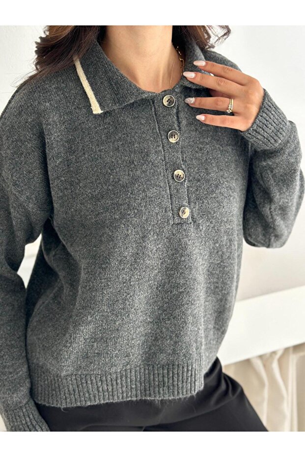 Polo Neck Buttoned Soft Textured Knit Sweater - 3
