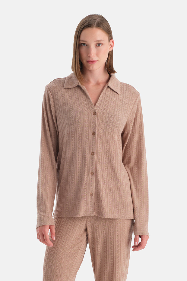 Bej Örgü Detaylı Gömlek - 1