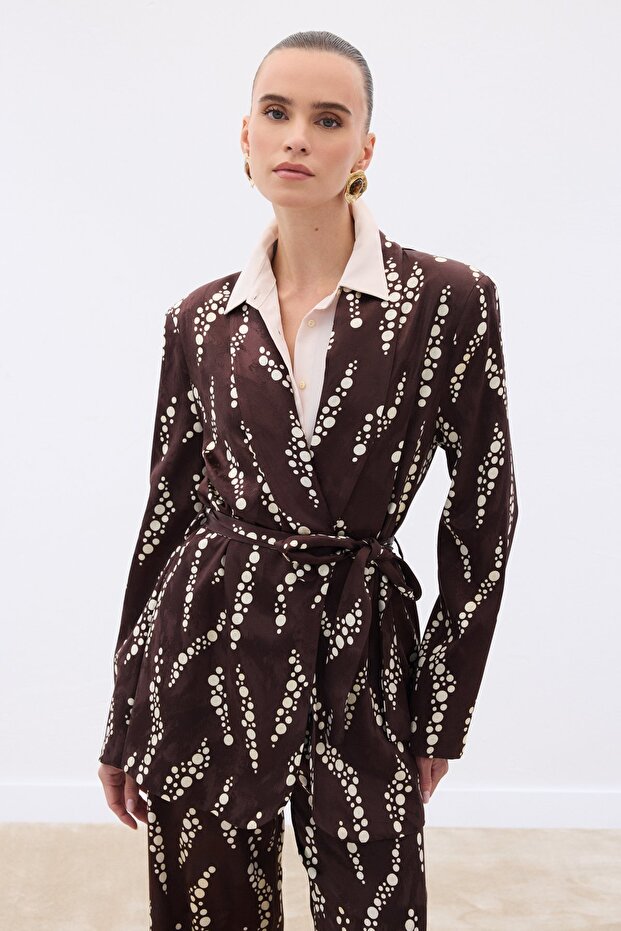 Patterned Long Coat - Brown - 1