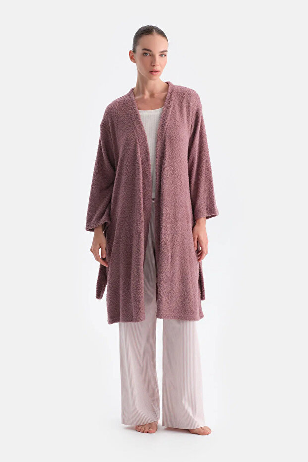 Gül Kurusu Uzun Kollu Şönil Örme Sabahlık - 4