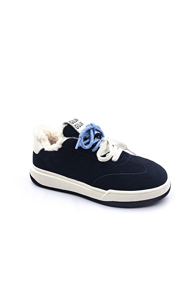 Black Color Women's Suede Sneaker Shoes with Fur Inside