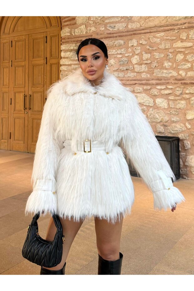 Women's White Belted Fur Coat with Lining – Stylish, Luxurious, and Warm Winter Coat 7572