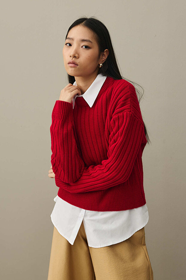 Fitilli Basic Crop Kazak Kırmızı - 4