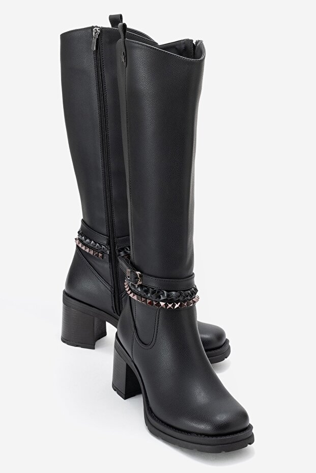 Viorra Women's Thick Heeled Boots with Black Leather Straps