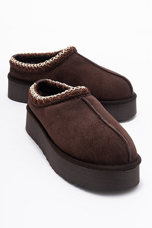 Avelia Brown Suede Genuine Leather Stitched Women's Thick Soled Winter Slippers