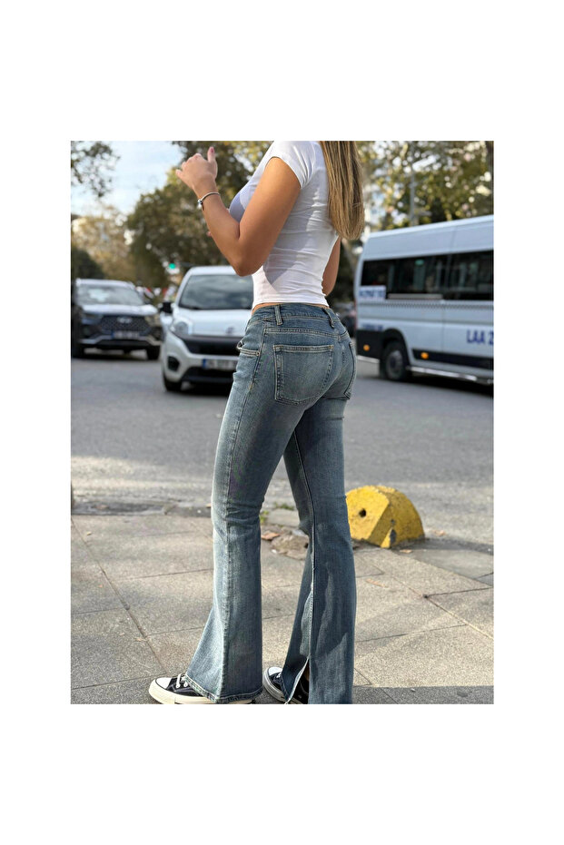 Y2K Retro Düşük Bel Paça Yırtmaçlı Açık Mavi Bootcut Jean Pantolon - 1