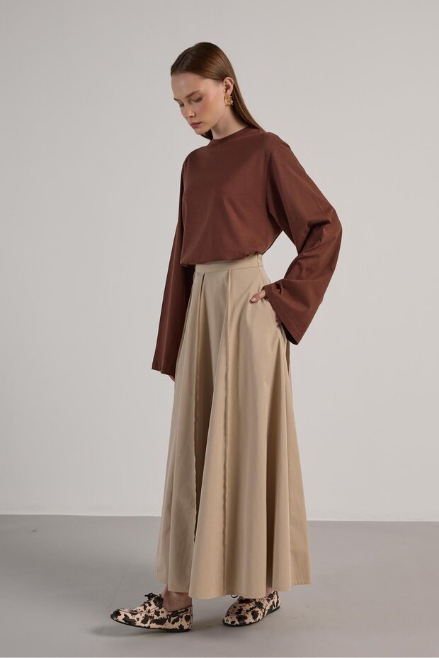 Women's Stone Piece Stitching Detailed Premium Long Skirt 30054