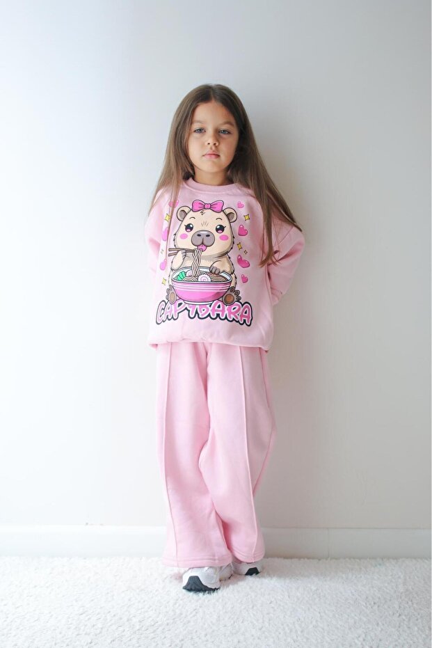Barbosa Girl's 3-Thread Ribbed Sweatshirt Tracksuit 2-Piece Set (Capybara)