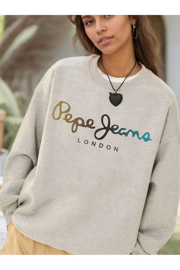 Women's Gray Melange Pepe London Printed Crew Neck Oversize Sweatshirt