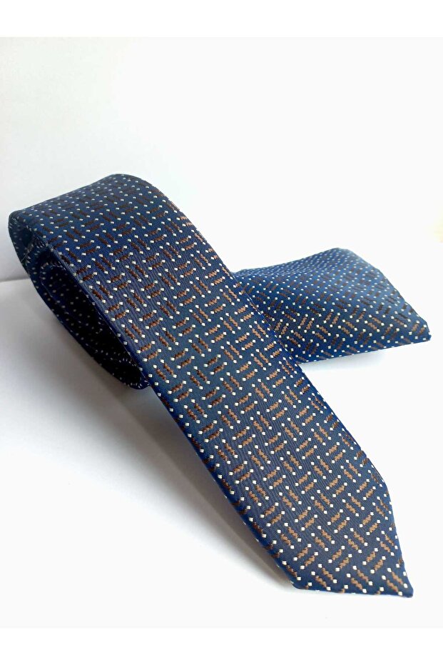 Navy Blue Patterned Thin Tie and Handkerchief Set