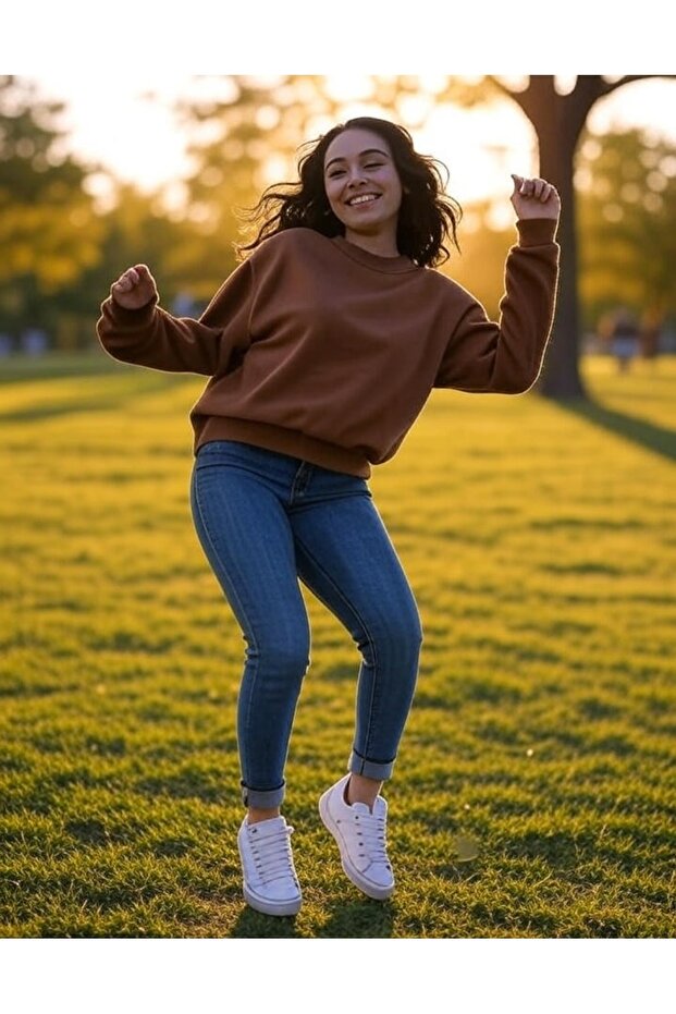Brown Crew Neck Basic Sweatshirt Fm4477 - 2