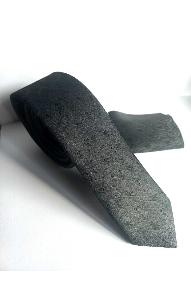 Gray Patterned Thin Tie and Handkerchief Set