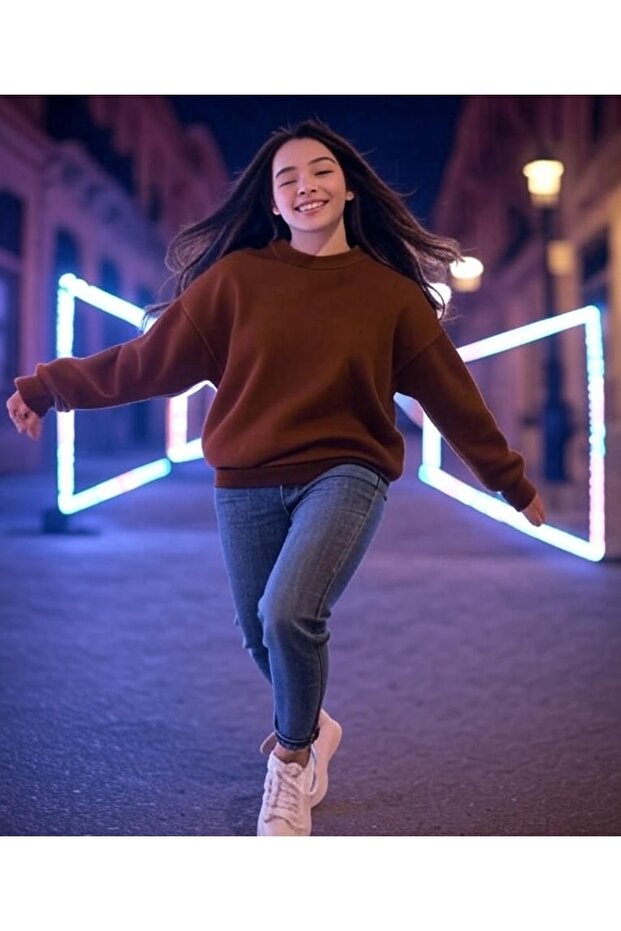 Brown Crew Neck Basic Sweatshirt Fm4477 - 3