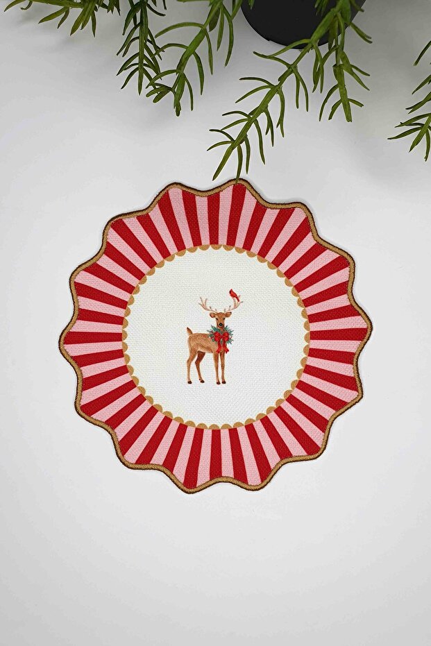 Oval Decorative Red Embroidered Edge Deer Patterned Cocktail Napkin 1 Piece