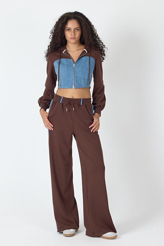 Whatsup Denim Detailed Hooded Crop Tracksuit Set - Blue-Brown