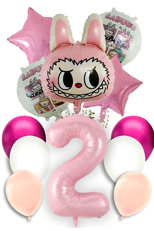 2 Year Old Labubu Balloon Themed Birthday Set Pink Number Flying Balloon Macaron Pink White Balloon