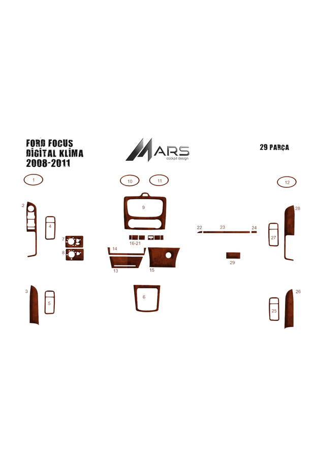 Ford Focus Console-Turbo Trim 2008 -2011 (Digital Air Conditioning) 29 Pieces