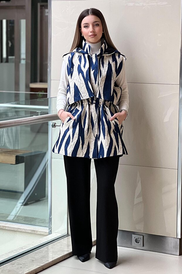 Kapüşonlu Zebra Desenli Yelek - 4