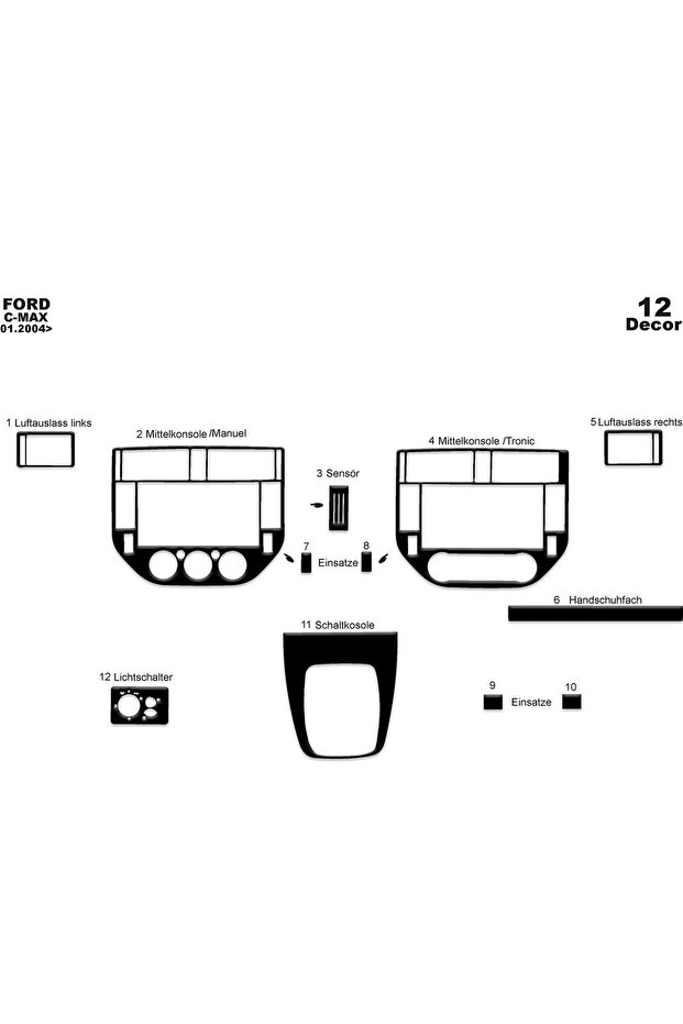 Ford C Max Console-Torpedo Covering 2004-2010 12 Pieces (Analog Air Conditioner)