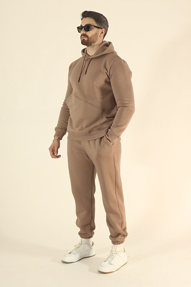 Men's Winter Fleece-Lined Puff Fabric Hooded 3-Thread Side Pocket Tracksuit Set - Brown