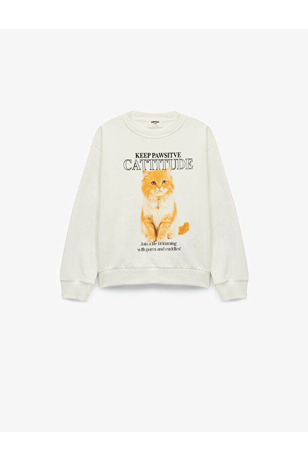 Cotton Long Sleeve Crew Neck Cat Printed Fleece-Lined Sweatshirt