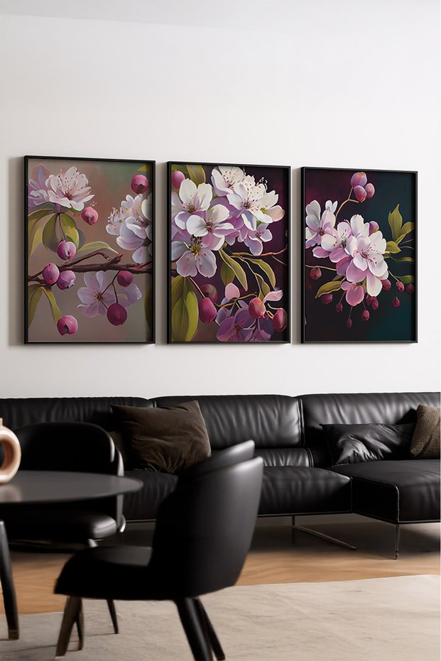 Wooden Black Framed Oil Painting Flower 3-Piece Painting Set Huhu218 - Three-Piece Painting Set Black Frame